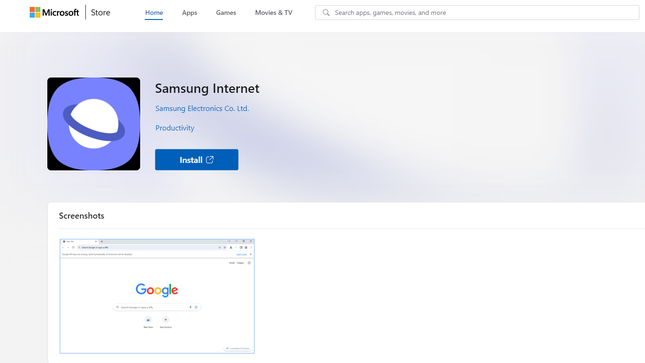 Samsung İnternet Kullanılabilirliğini gösteren Microsoft Mağaza Sayfasının ekran görüntüsü